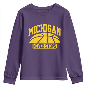 Michigan Never Stops Youth Sweatshirt Great Lakes State Basketball Pride Gift TS12 Purple Print Your Wear