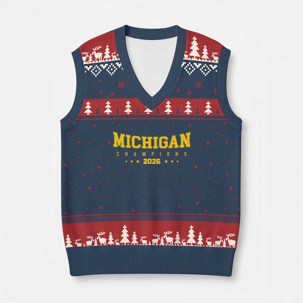 Michigan 2026 Basketball Victory V-Neck Knit Sweater Vest Champions Pride Fan Gift TS12 Navy Red Print Your Wear
