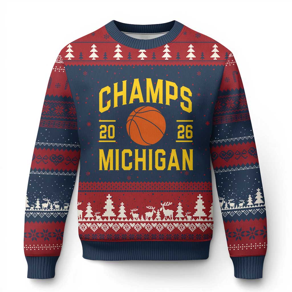 Michigan Hoops Champions Graphic Ugly Christmas Sweater 2026 Basketball Victory Pride TS12 Navy Red Print Your Wear