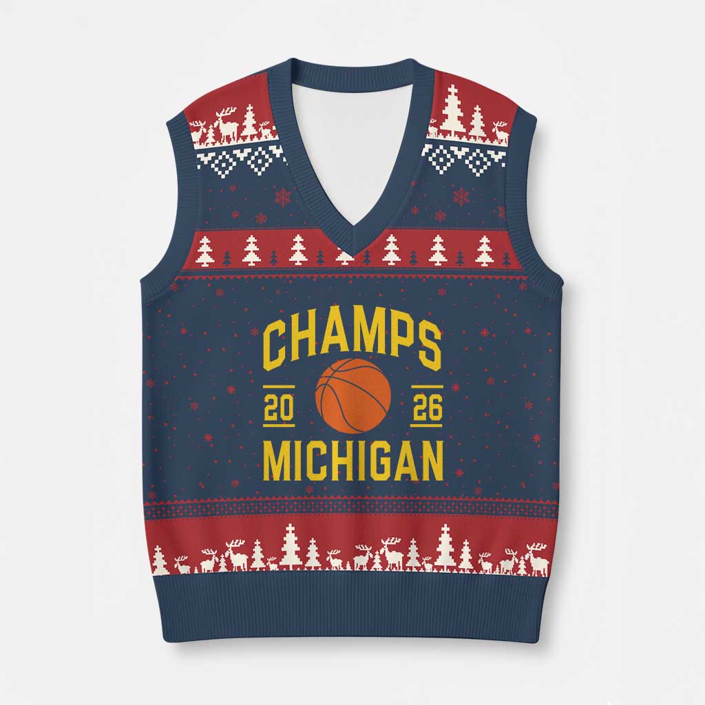 Michigan Hoops Champions Graphic V-Neck Knit Sweater Vest 2026 Basketball Victory Pride TS12 Navy Red Print Your Wear