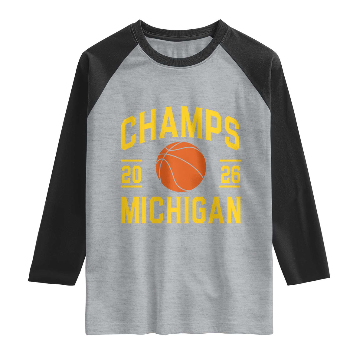 Michigan Hoops Champions Graphic Raglan Shirt 2026 Basketball Victory Pride TS12 Heather Gray Black Print Your Wear