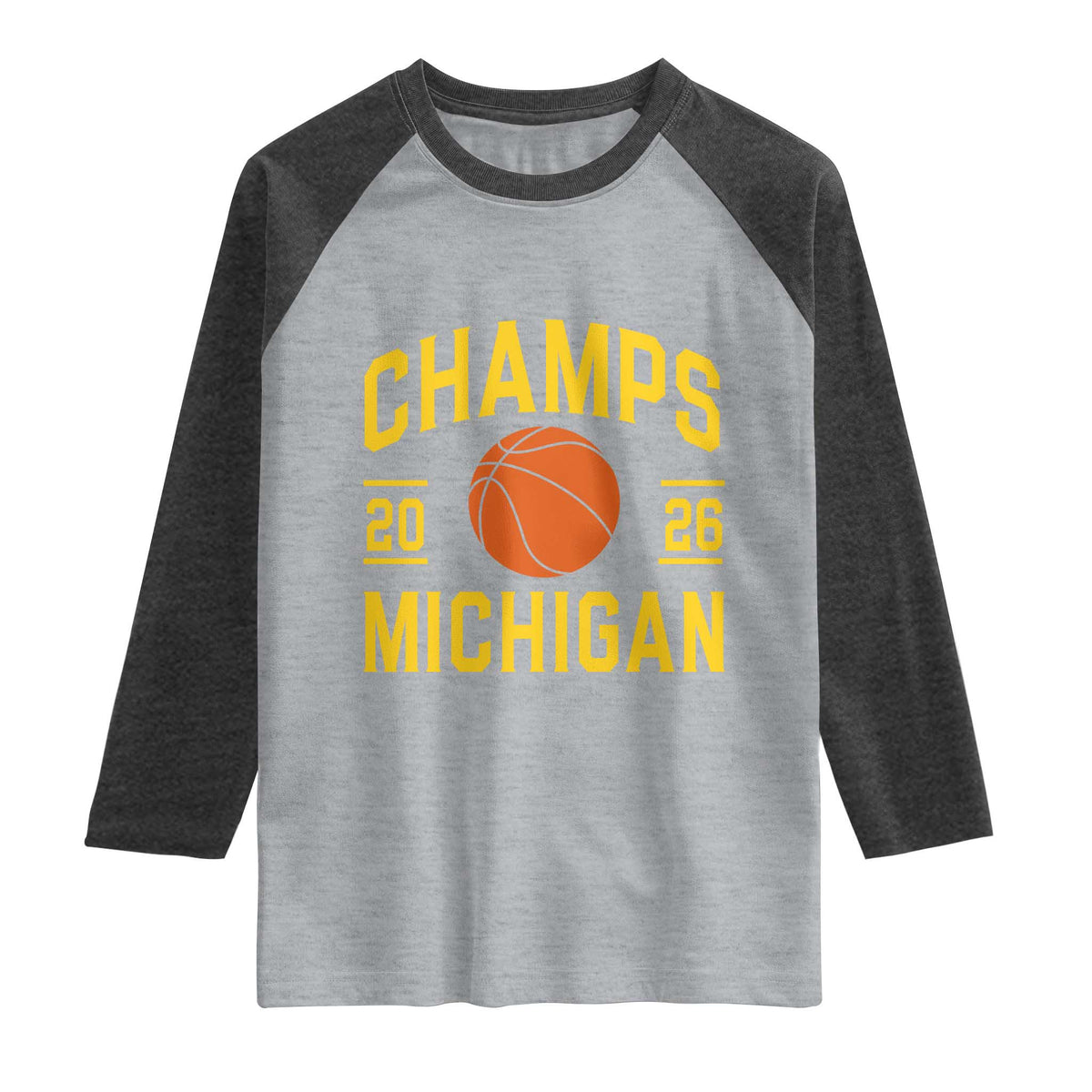 Michigan Hoops Champions Graphic Raglan Shirt 2026 Basketball Victory Pride TS12 Heather Gray Heather Charcoal Print Your Wear