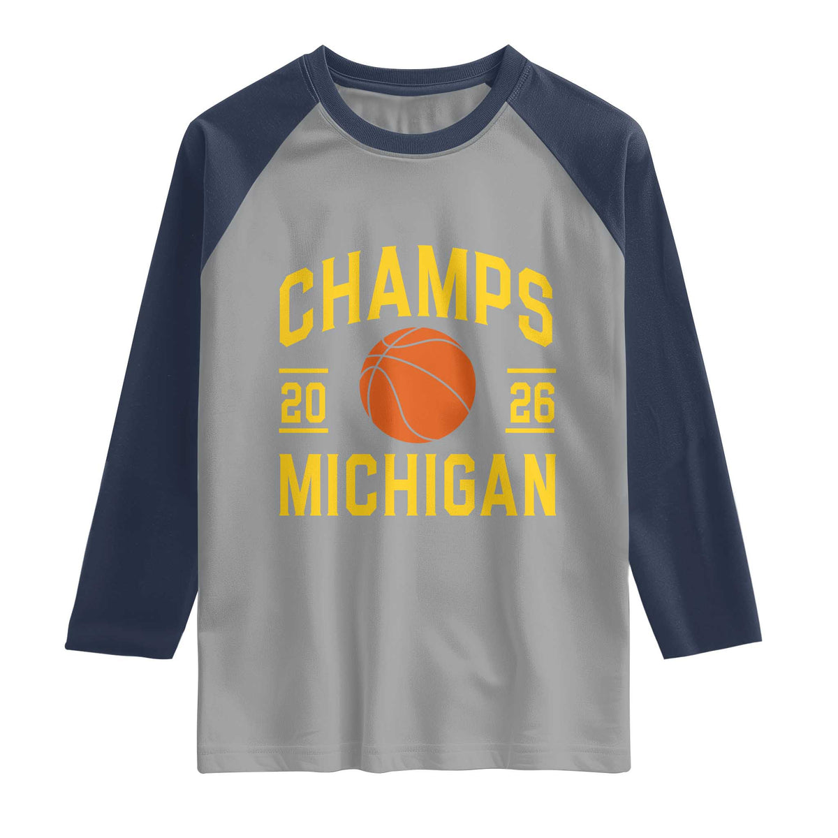 Michigan Hoops Champions Graphic Raglan Shirt 2026 Basketball Victory Pride TS12 Sport Gray Navy Print Your Wear