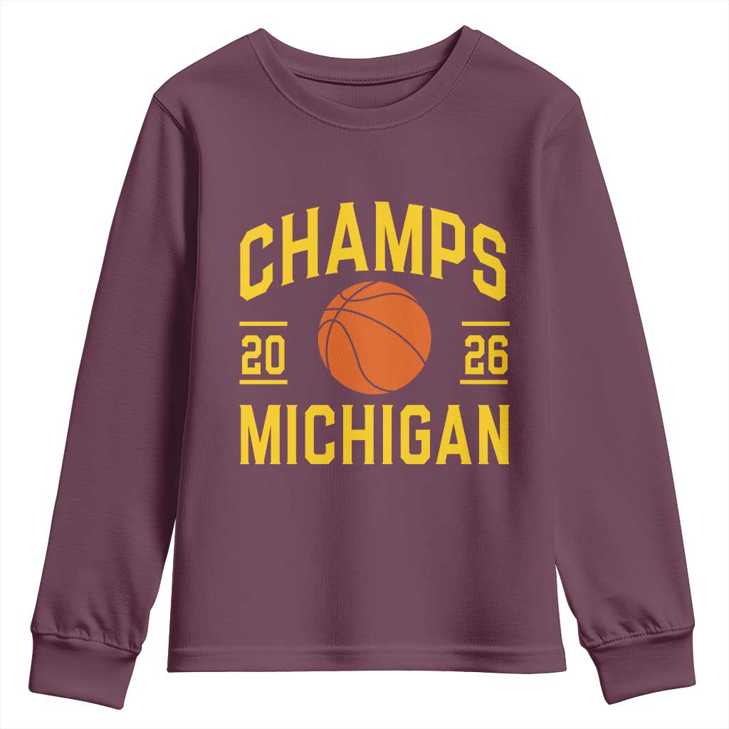Michigan Hoops Champions Graphic Youth Sweatshirt 2026 Basketball Victory Pride TS12 Maroon Print Your Wear