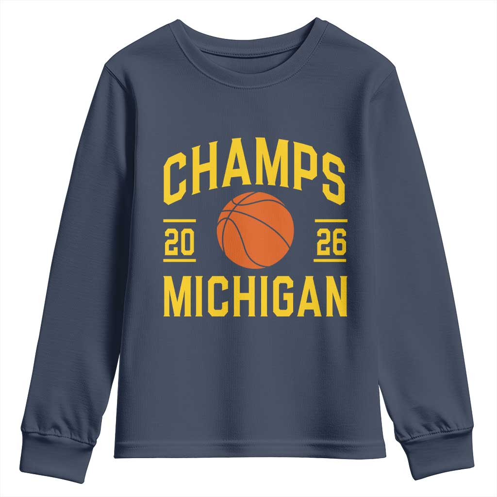 Michigan Hoops Champions Graphic Youth Sweatshirt 2026 Basketball Victory Pride TS12 Navy Print Your Wear