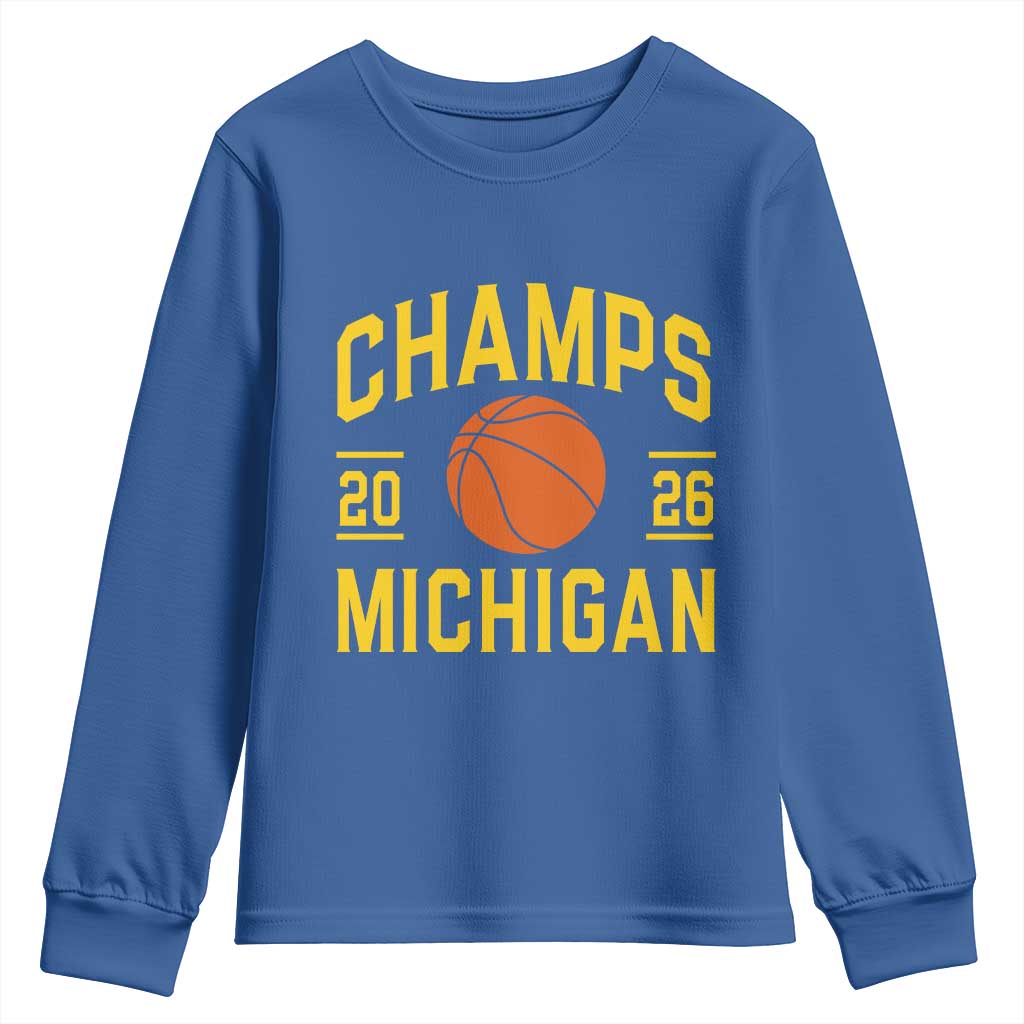 Michigan Hoops Champions Graphic Youth Sweatshirt 2026 Basketball Victory Pride TS12 Royal Blue Print Your Wear