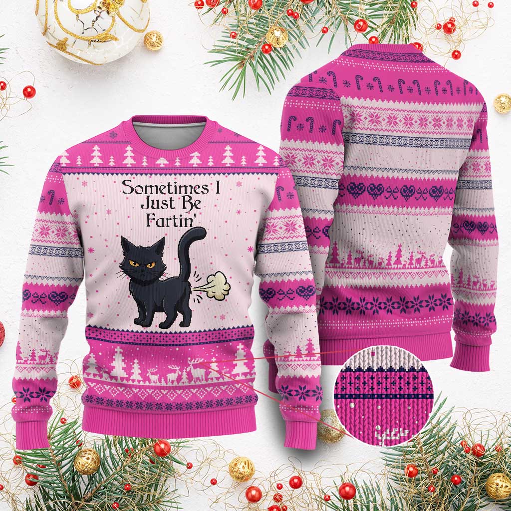 Funny Black Cat Bathroom Humor Ugly Christmas Sweater Sometimes I Just Be Fartin TS12 Hot Pink Print Your Wear