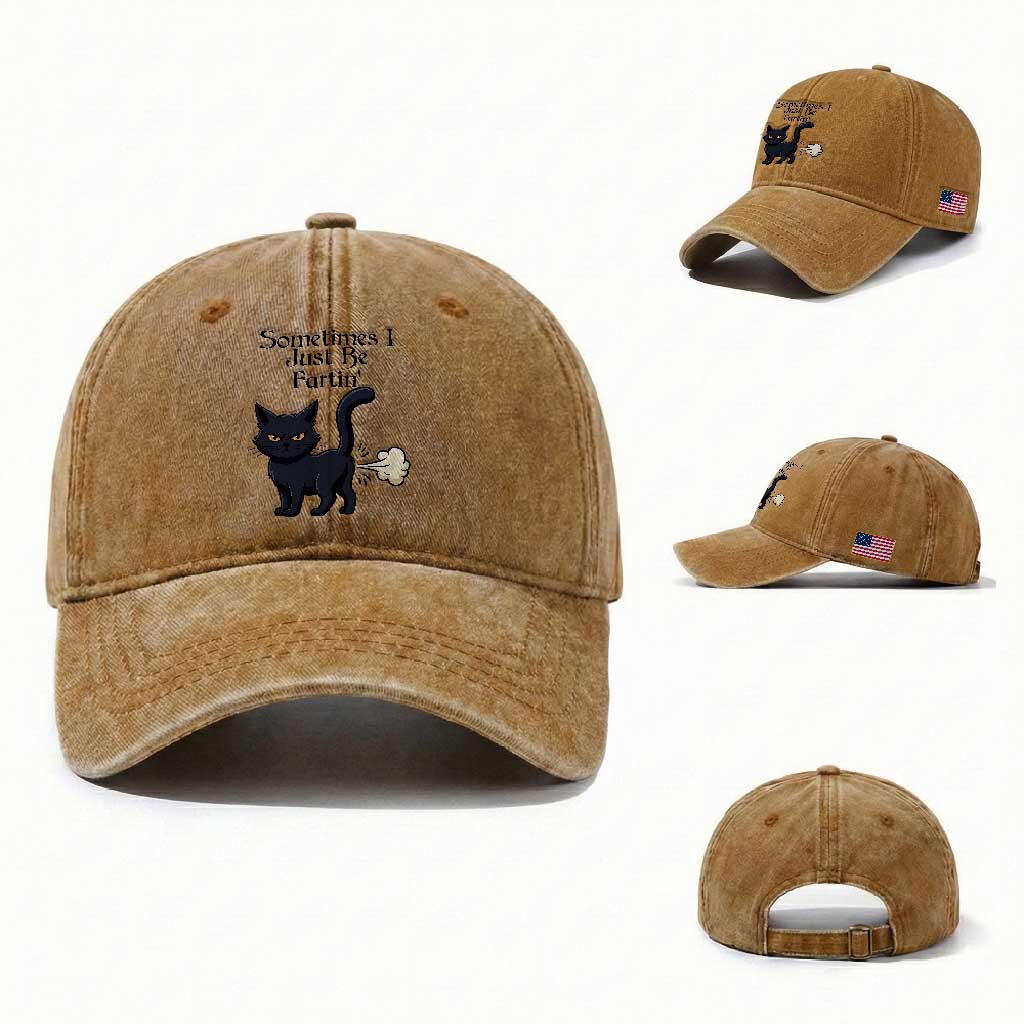 Funny Black Cat Bathroom Humor Washed Cotton Baseball Cap Sometimes I Just Be Fartin TS12 Washed Cap Universal Fit Yellow Ochre Print Your Wear