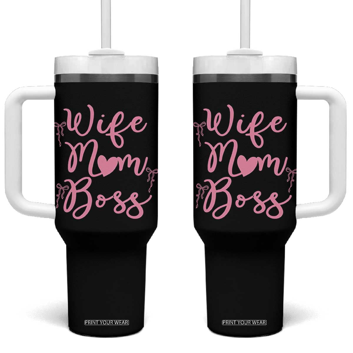 Funny Wife Mom Boss Tumbler With Handle Girly Pink Bows Mothers Day Gift TS12 One Size: 40 oz Black Print Your Wear