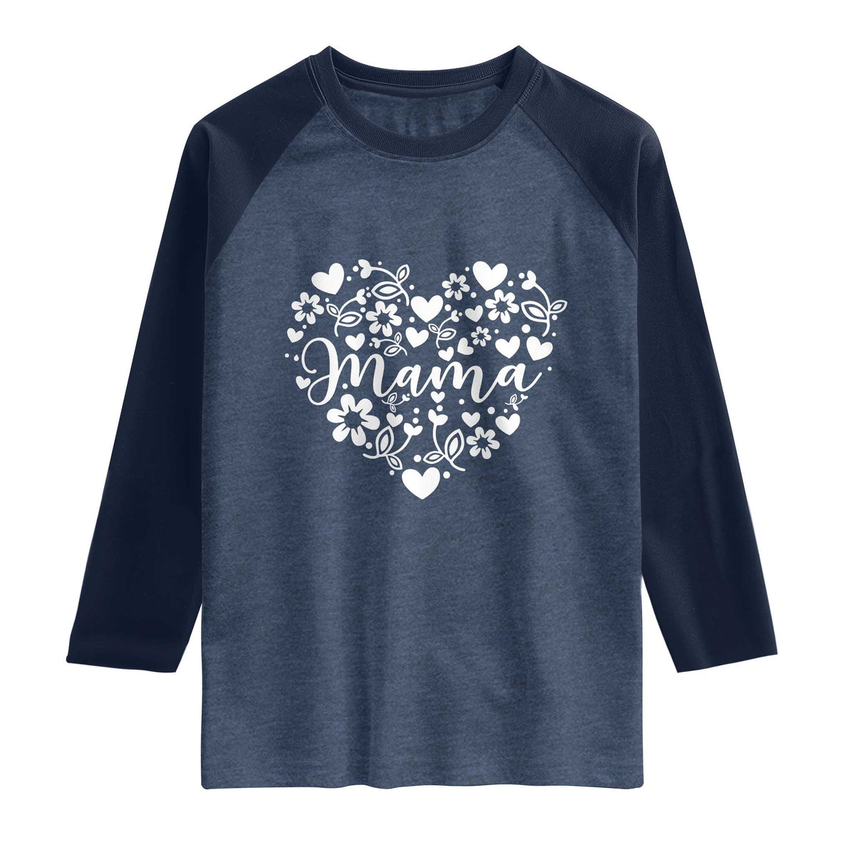 Floral Mama Heart Graphic Raglan Shirt Mothers Day Flower Gift TS12 Heather Denim Navy Print Your Wear