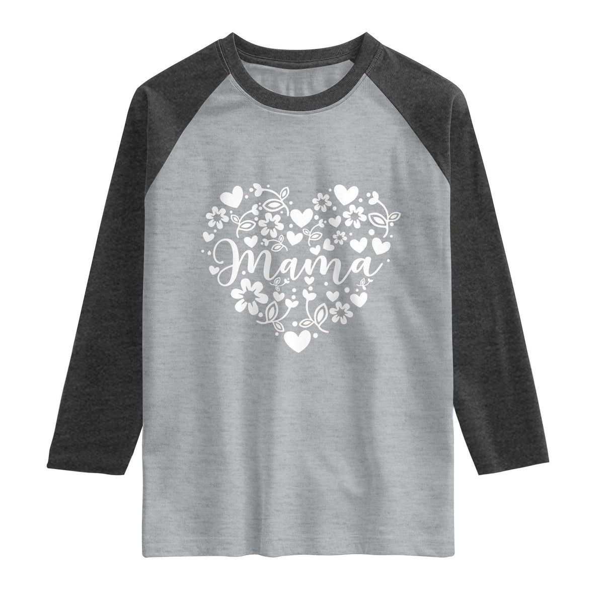Floral Mama Heart Graphic Raglan Shirt Mothers Day Flower Gift TS12 Heather Gray Heather Charcoal Print Your Wear