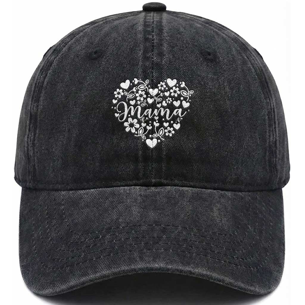 Floral Mama Heart Graphic Washed Cotton Baseball Cap Mothers Day Flower Gift TS12 Print Your Wear