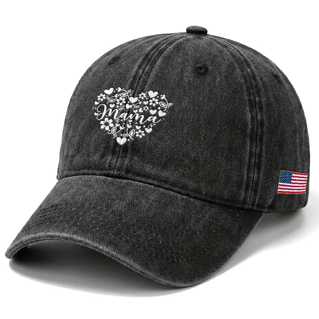 Floral Mama Heart Graphic Washed Cotton Baseball Cap Mothers Day Flower Gift TS12 Print Your Wear