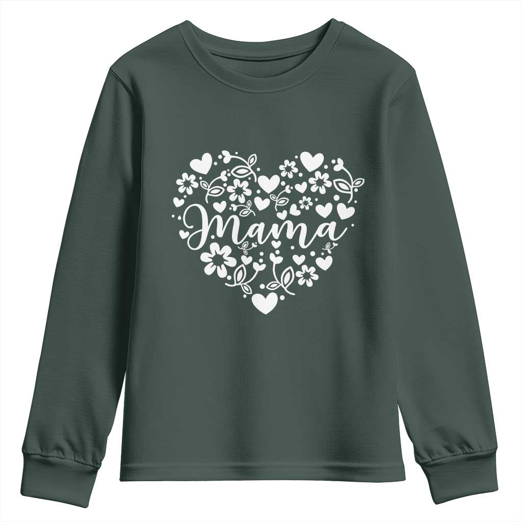 Floral Mama Heart Graphic Youth Sweatshirt Mothers Day Flower Gift TS12 Dark Forest Green Print Your Wear