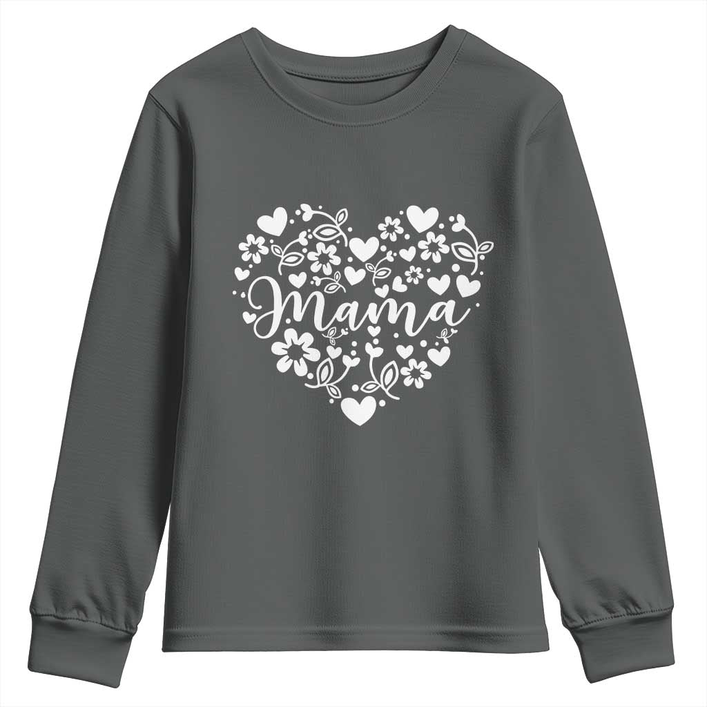 Floral Mama Heart Graphic Youth Sweatshirt Mothers Day Flower Gift TS12 Dark Heather Print Your Wear