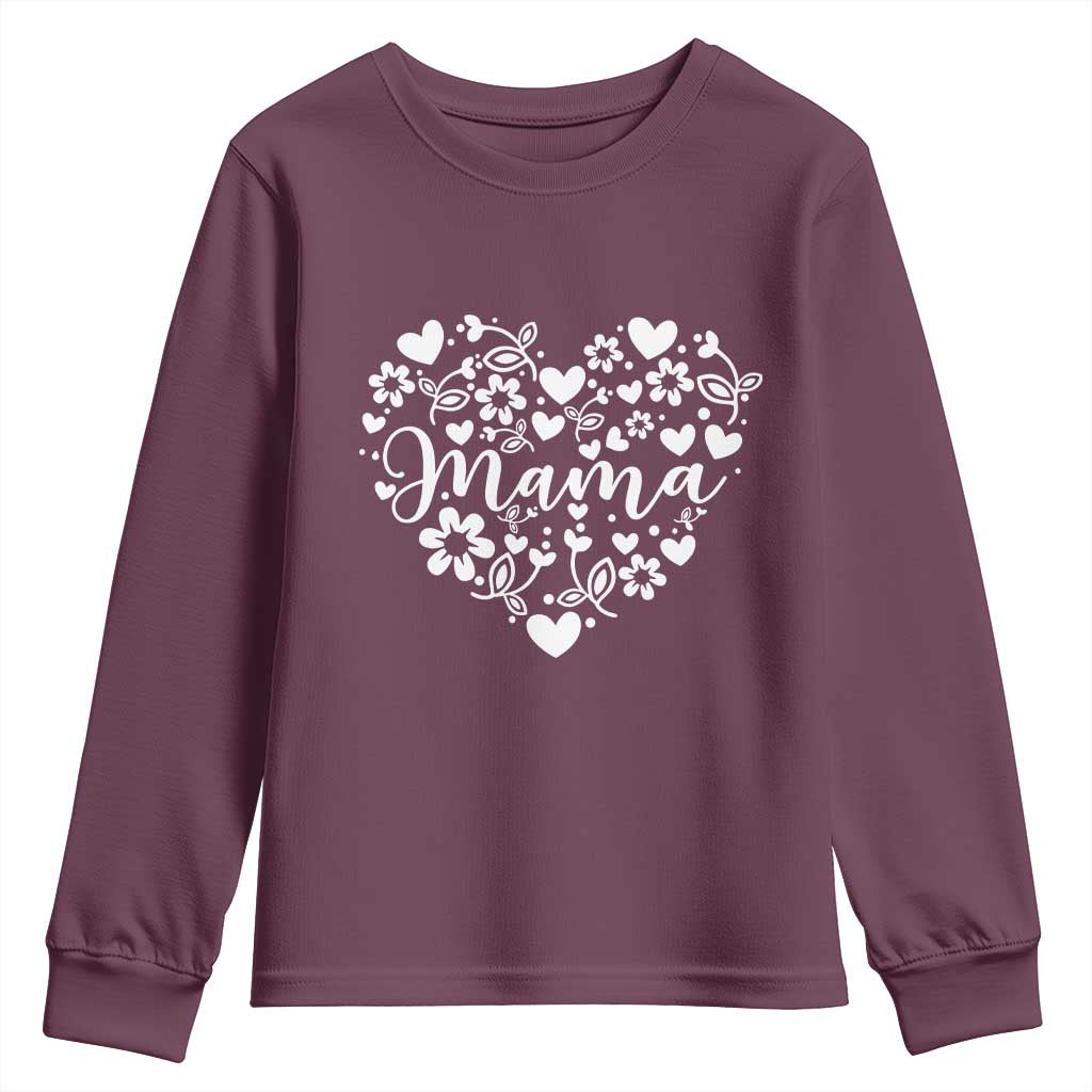 Floral Mama Heart Graphic Youth Sweatshirt Mothers Day Flower Gift TS12 Maroon Print Your Wear