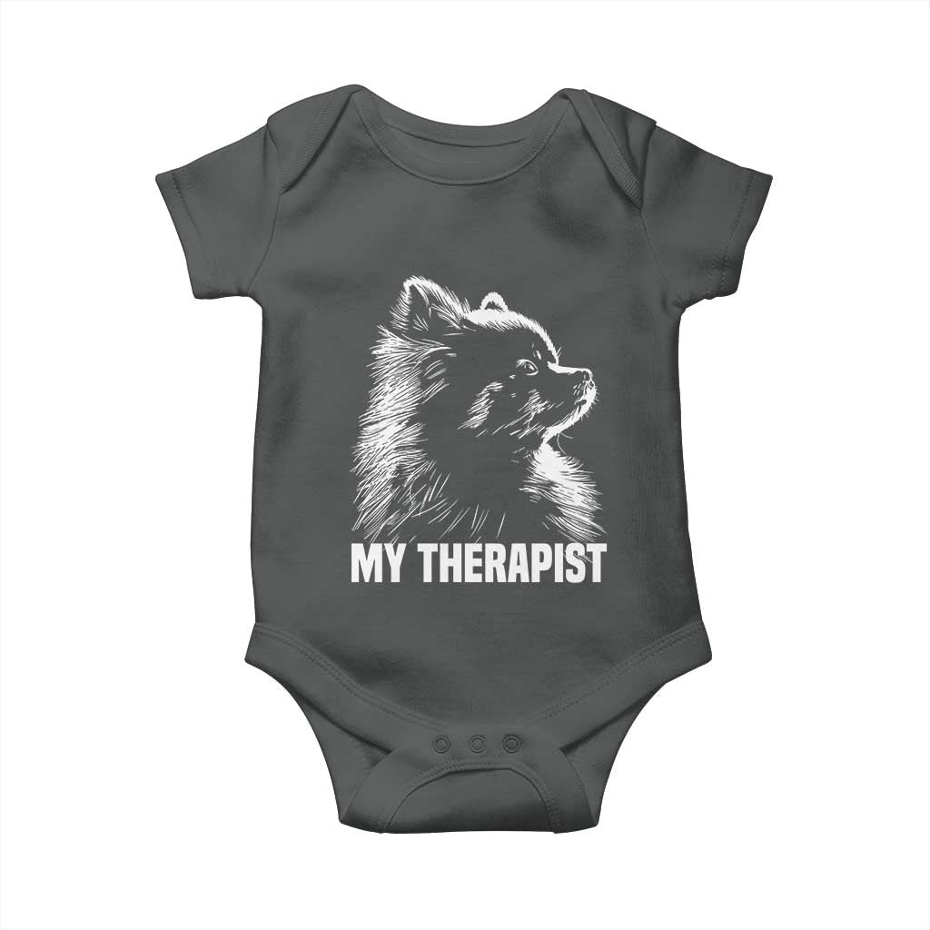 My Therapist Is A Pomeranian Baby Onesie Dog Lover Gift Idea TS12 Dark Heather Print Your Wear