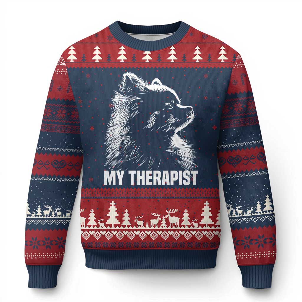 My Therapist Is A Pomeranian Ugly Christmas Sweater Dog Lover Gift Idea TS12 Navy Red Print Your Wear