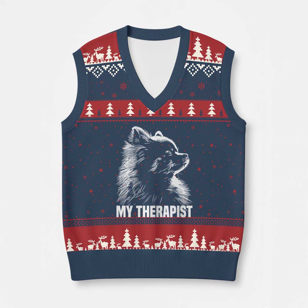 My Therapist Is A Pomeranian V-Neck Knit Sweater Vest Dog Lover Gift Idea TS12 Navy Red Print Your Wear