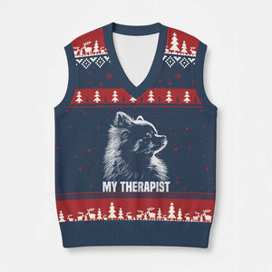 My Therapist Is A Pomeranian V-Neck Knit Sweater Vest Dog Lover Gift Idea TS12 Navy Red Print Your Wear