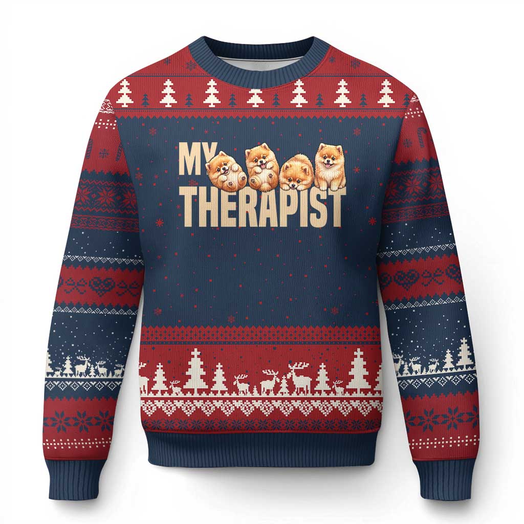 My Therapist Is My Dog Ugly Christmas Sweater Cute Pomeranian Lover Meme TS12 Navy Red Print Your Wear