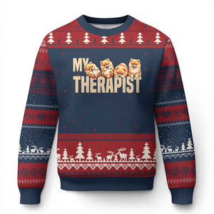 My Therapist Is My Dog Ugly Christmas Sweater Cute Pomeranian Lover Meme TS12 Navy Red Print Your Wear