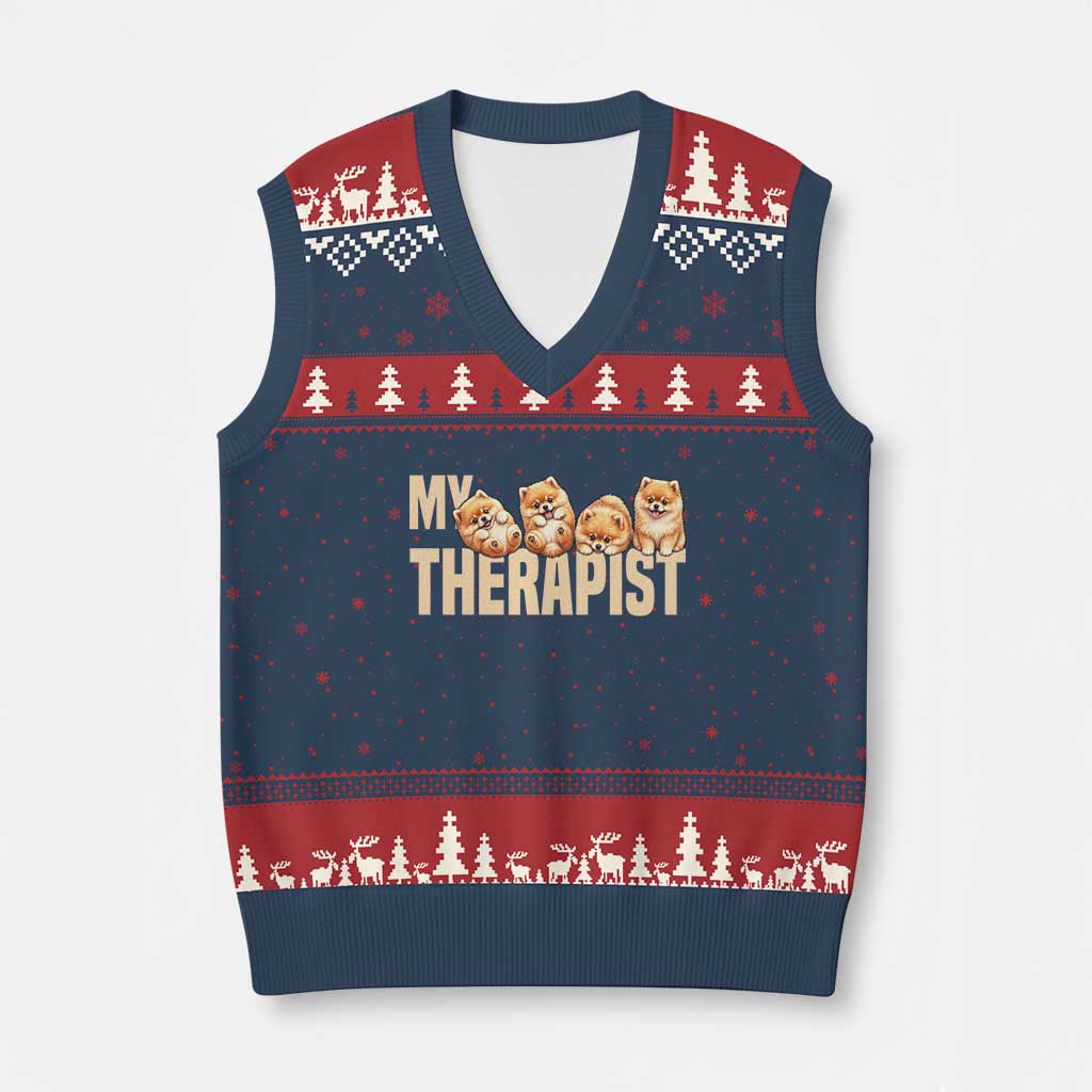 My Therapist Is My Dog V-Neck Knit Sweater Vest Cute Pomeranian Lover Meme TS12 Navy Red Print Your Wear