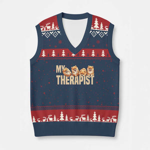 My Therapist Is My Dog V-Neck Knit Sweater Vest Cute Pomeranian Lover Meme TS12 Navy Red Print Your Wear