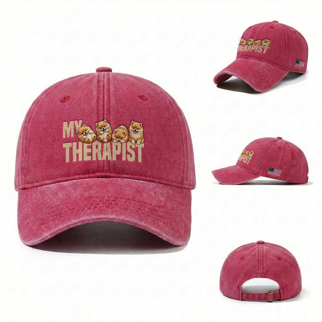 My Therapist Is My Dog Washed Cotton Baseball Cap Cute Pomeranian Lover Meme TS12 Washed Cap Universal Fit Red Print Your Wear