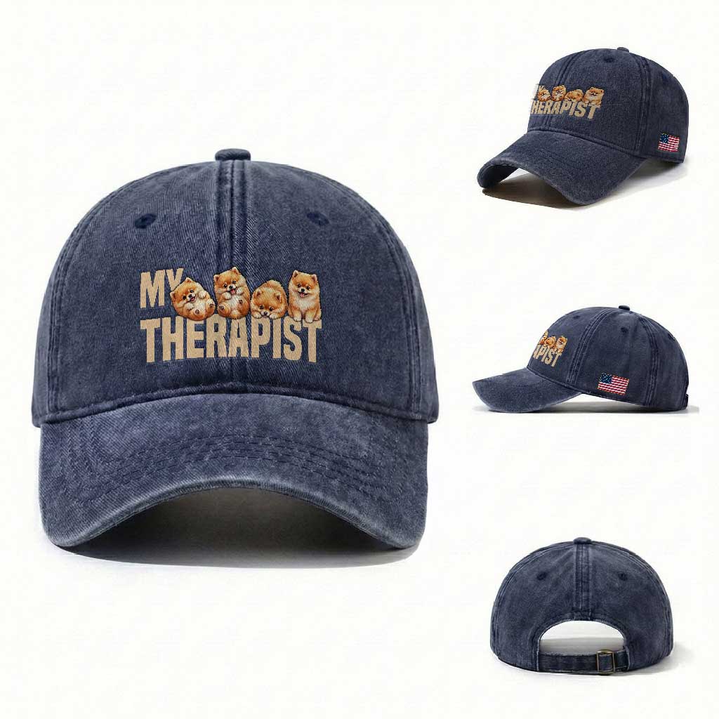My Therapist Is My Dog Washed Cotton Baseball Cap Cute Pomeranian Lover Meme TS12 Washed Cap Universal Fit Navy Print Your Wear
