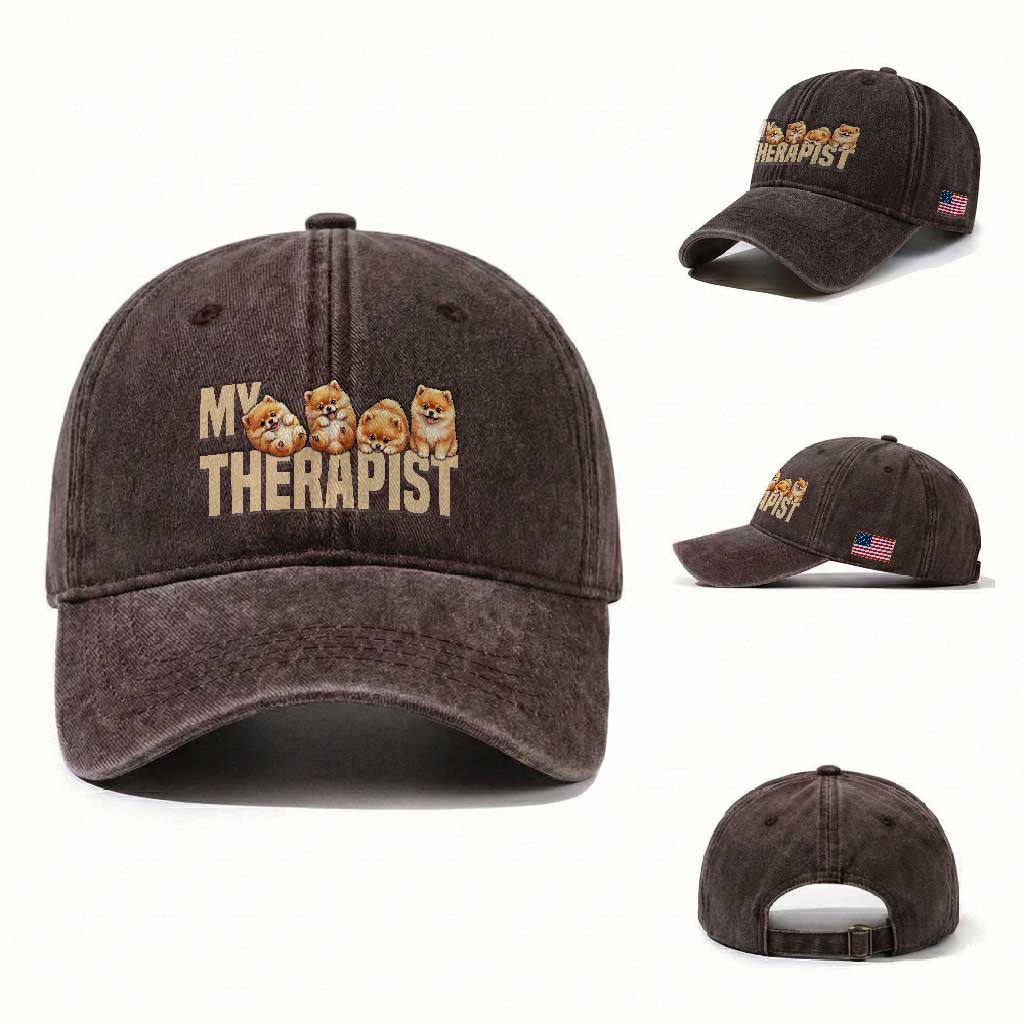 My Therapist Is My Dog Washed Cotton Baseball Cap Cute Pomeranian Lover Meme TS12 Washed Cap Universal Fit Dark Brown Print Your Wear