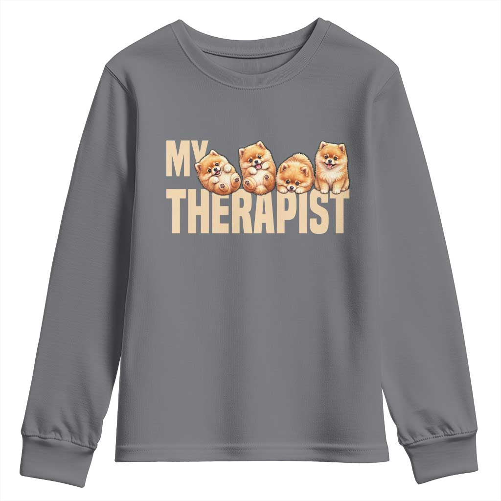 My Therapist Is My Dog Youth Sweatshirt Cute Pomeranian Lover Meme TS12 Charcoal Print Your Wear