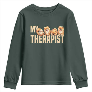 My Therapist Is My Dog Youth Sweatshirt Cute Pomeranian Lover Meme TS12 Dark Forest Green Print Your Wear