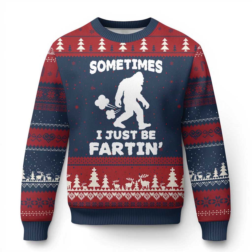 Bigfoot Bathroom Humor Ugly Christmas Sweater Sometimes I Just Be Fartin TS12 Navy Red Print Your Wear