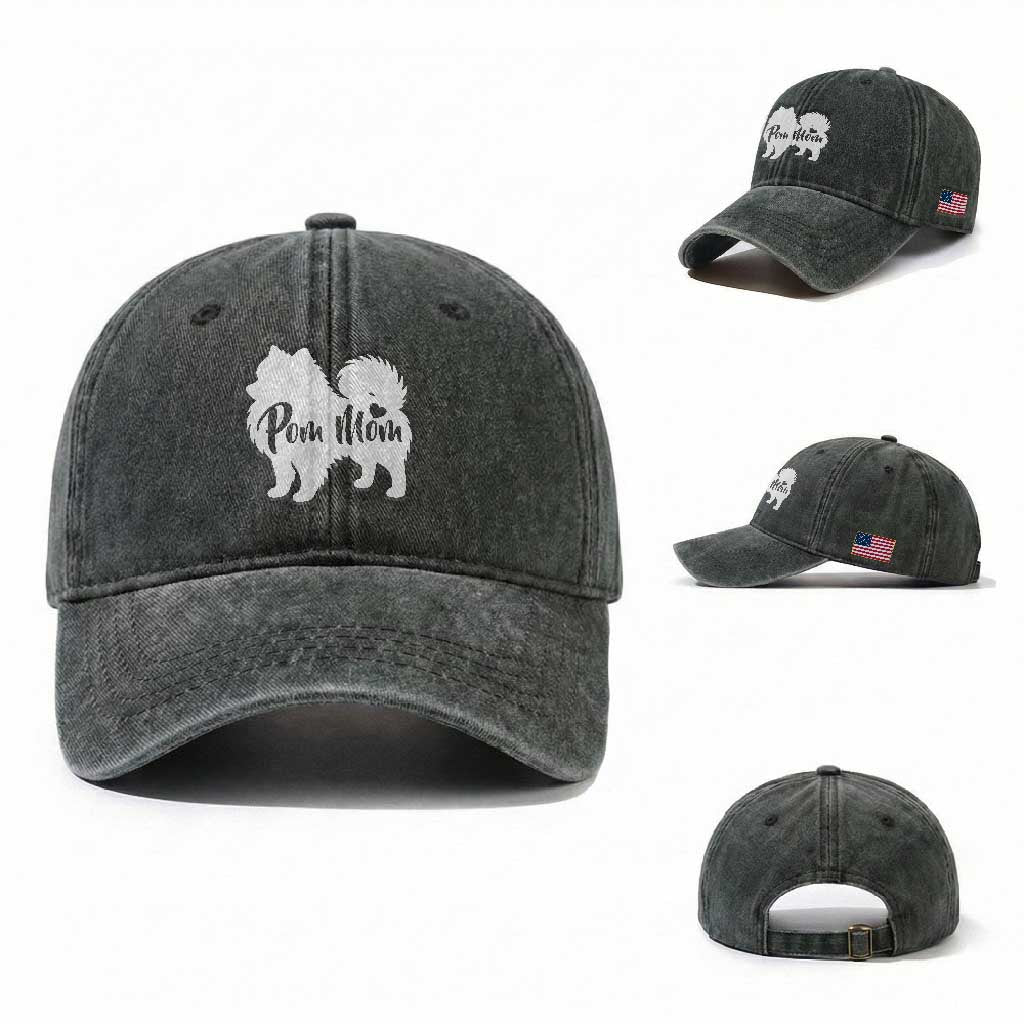 Proud Pom Mom Washed Cotton Baseball Cap Pomeranian Dog Lover Gift TS12 Washed Cap Universal Fit Dark Green Print Your Wear