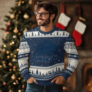 Vintage Urban Michigan Skyline Ugly Christmas Sweater Gift For Basketball Fan TS12 Navy Beige Print Your Wear