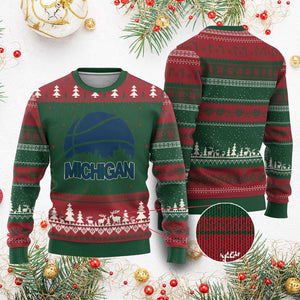 Vintage Urban Michigan Skyline Ugly Christmas Sweater Gift For Basketball Fan TS12 Red Green Print Your Wear