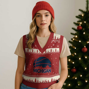 Vintage Urban Michigan Skyline V-Neck Knit Sweater Vest Gift For Basketball Fan TS12 Red Beige Print Your Wear