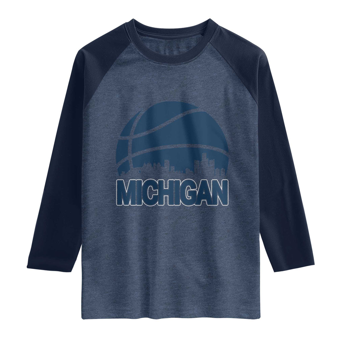 Vintage Urban Michigan Skyline Raglan Shirt Gift For Basketball Fan TS12 Heather Denim Navy Print Your Wear