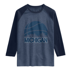 Vintage Urban Michigan Skyline Raglan Shirt Gift For Basketball Fan TS12 Heather Denim Navy Print Your Wear