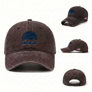 Vintage Urban Michigan Skyline Washed Cotton Baseball Cap Gift For Basketball Fan TS12 Washed Cap Universal Fit Dark Brown Print Your Wear