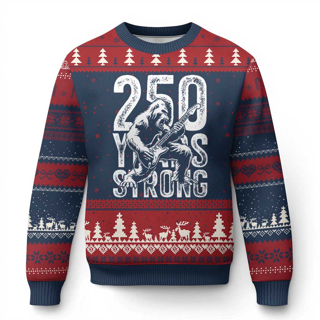 250 Years Strong Bigfoot Guitar Ugly Christmas Sweater USA 250th Anniversary Gift TS12 Navy Red Print Your Wear