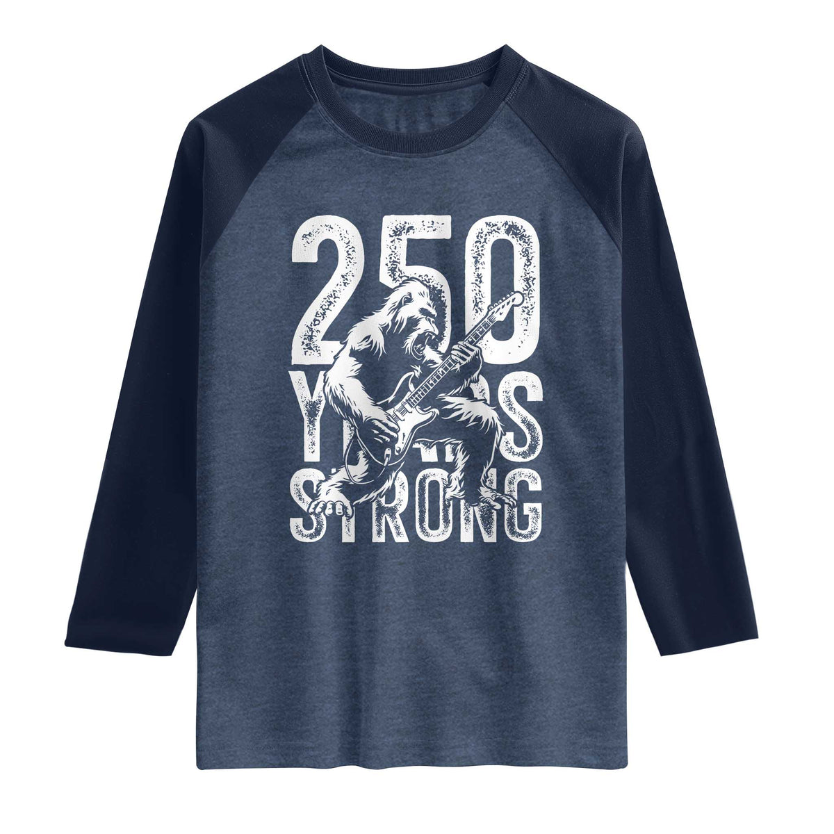 250 Years Strong Bigfoot Guitar Raglan Shirt USA 250th Anniversary Gift TS12 Heather Denim Navy Print Your Wear
