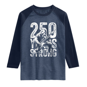 250 Years Strong Bigfoot Guitar Raglan Shirt USA 250th Anniversary Gift TS12 Heather Denim Navy Print Your Wear