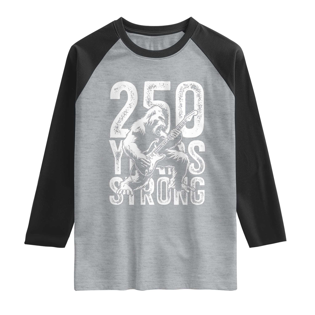 250 Years Strong Bigfoot Guitar Raglan Shirt USA 250th Anniversary Gift TS12 Heather Gray Black Print Your Wear