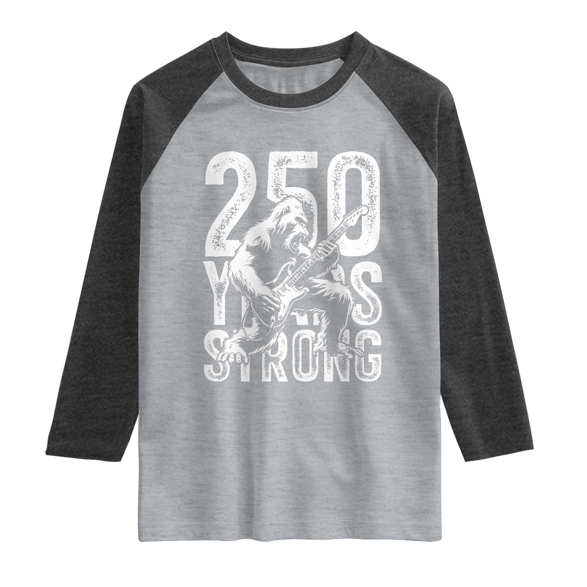 250 Years Strong Bigfoot Guitar Raglan Shirt USA 250th Anniversary Gift TS12 Heather Gray Heather Charcoal Print Your Wear