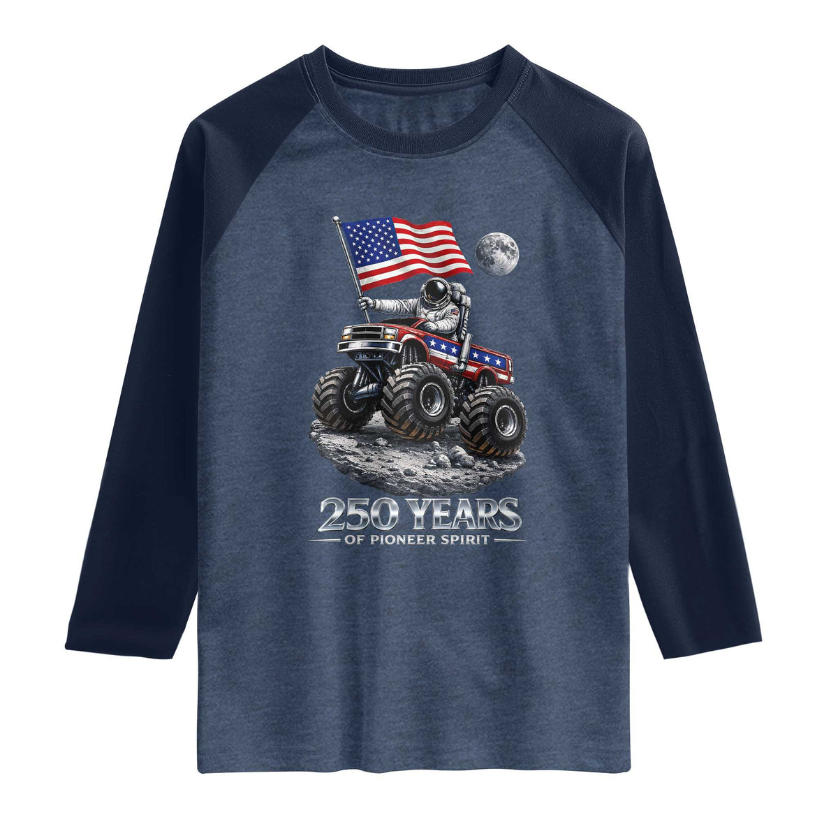 Astronaut 250 Years Of Pioneer Spirit Raglan Shirt USA 250th Anniversary TS12 Heather Denim Navy Print Your Wear