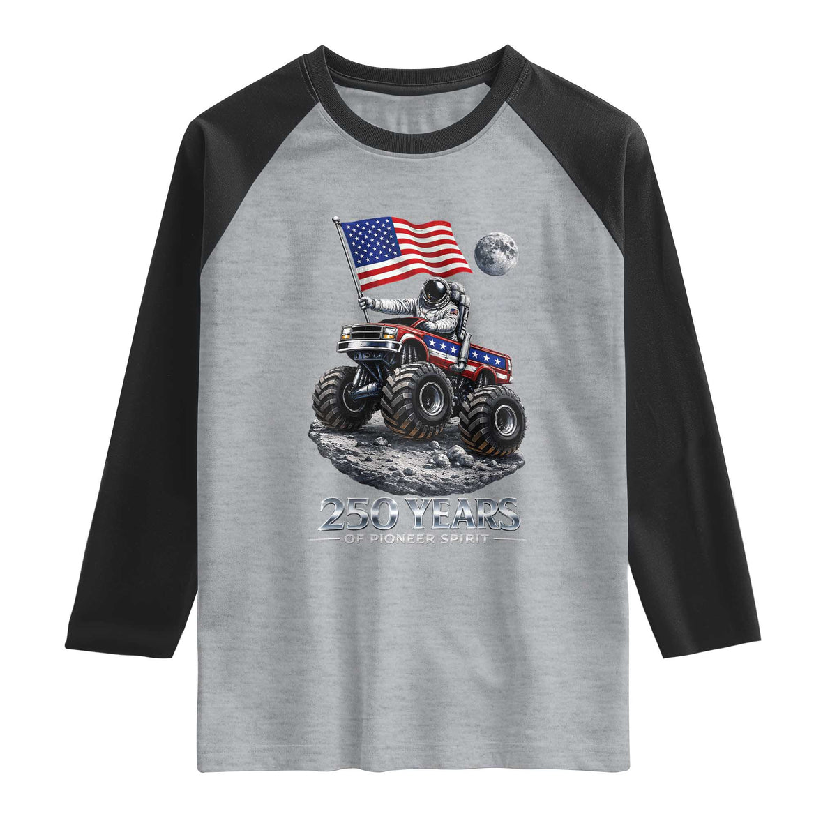 Astronaut 250 Years Of Pioneer Spirit Raglan Shirt USA 250th Anniversary TS12 Heather Gray Black Print Your Wear