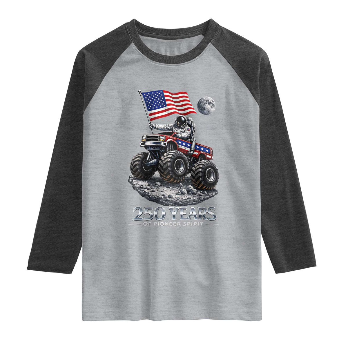 Astronaut 250 Years Of Pioneer Spirit Raglan Shirt USA 250th Anniversary TS12 Heather Gray Heather Charcoal Print Your Wear