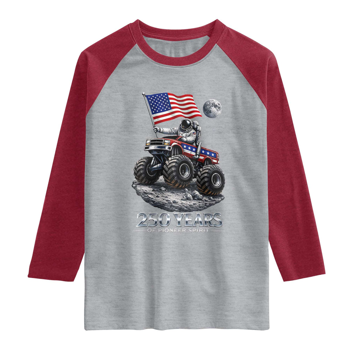 Astronaut 250 Years Of Pioneer Spirit Raglan Shirt USA 250th Anniversary TS12 Heather Gray Heather Red Print Your Wear